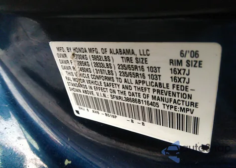 2006 Honda Odyssey Ex-L from USA, damaged, VIN 5FNRL38686B116405